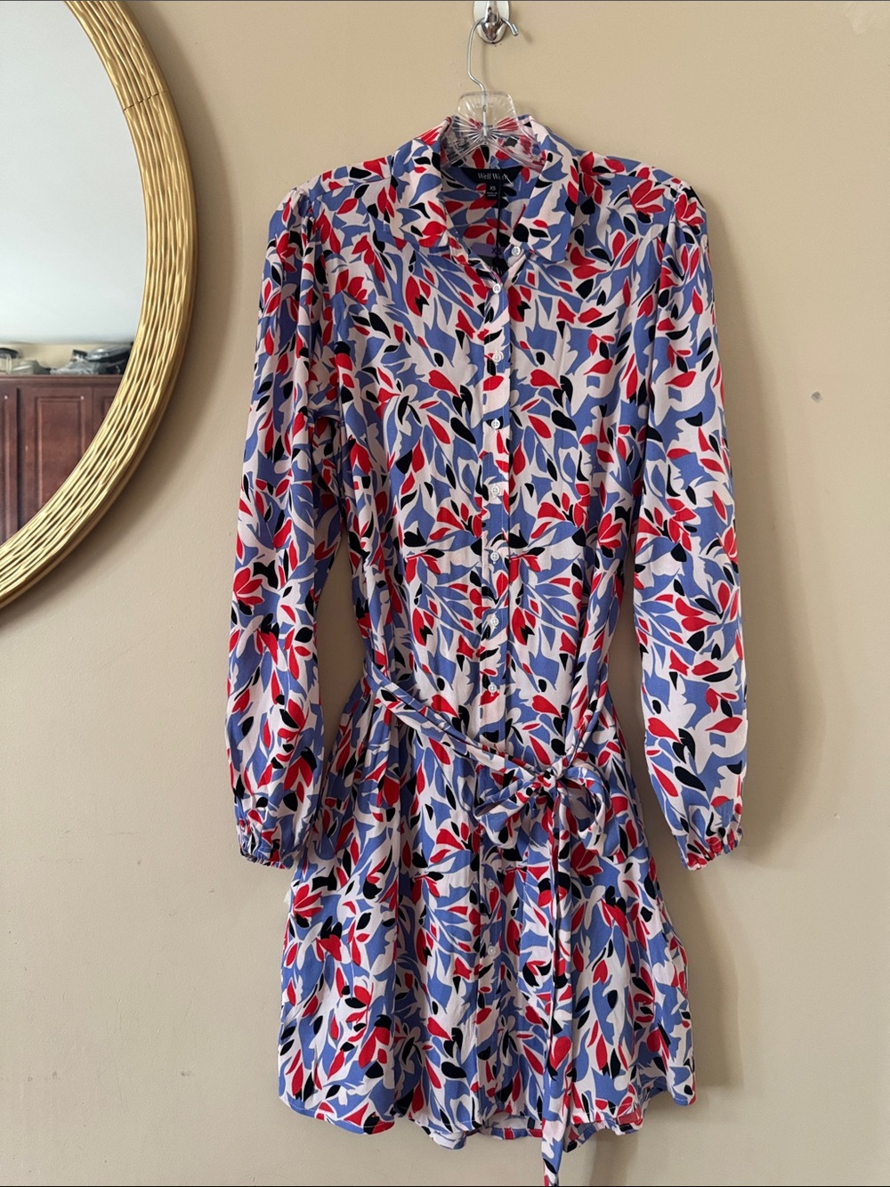 Floral Button-Front Long Sleeve Dress in Red, Blue & White XS